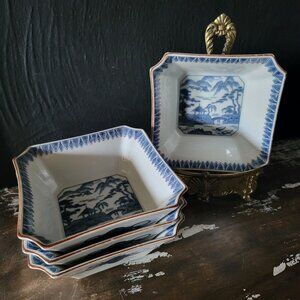 Set of 5 Vintage Kozan Gama Seika Ryokusai Square Bowls  Japanese Porcelain